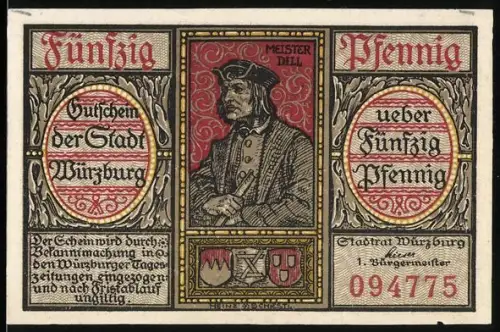 Notgeld Würzburg 1921, 50 Pfennig, Portrait Meister Dill und Stadtwappen mit Verzierungen