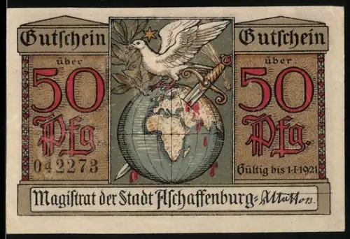 Notgeld Aschaffenburg 1921, 50 Pfennig, Taube mit Schwert und Globus, Schlossansicht