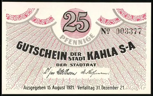 Notgeld Kahla S-A 1921, 25 Pfennig, Porzellanmotiv und Ortsansicht