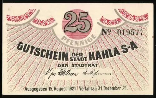 Notgeld Kahla S-A 1921, 25 Pfennig, Porzellanmotiv und Ortsansicht bei Nacht