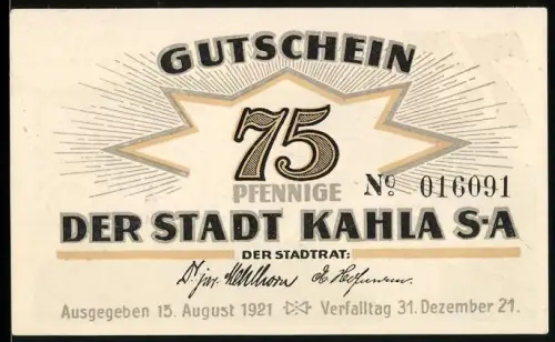 Notgeld Kahla S-A 1921, 75 Pfennig, Spruch und Ortsansicht mit Geschirr