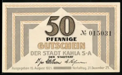 Notgeld Kahla S-A 1921, 50 Pfennig, Ortsansicht mit Spruchband