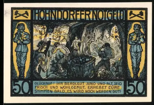 Notgeld Hohndorf 1921, 50 Pf, Bergleute im Stollen und Bergmann mit Spitzhacke
