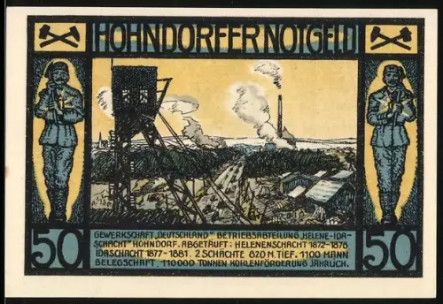Notgeld Hohndorf 1921, 50 Pfennig, Bergarbeiter und Kohlebergbau-Motiv