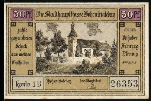 Notgeld Hohenfriedeberg, 50 Pf, Kirche und preussische Armee mit Fahnen und Reitern