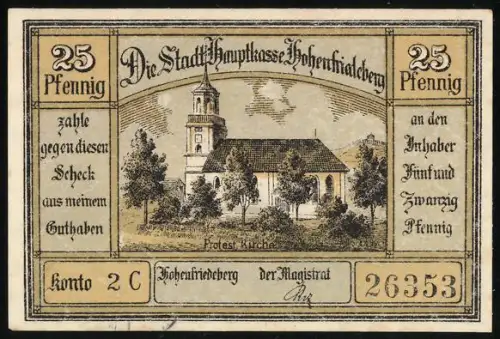 Notgeld Hohenfriedeberg, 25 Pfennig, Kirche und Monument mit Bäumen
