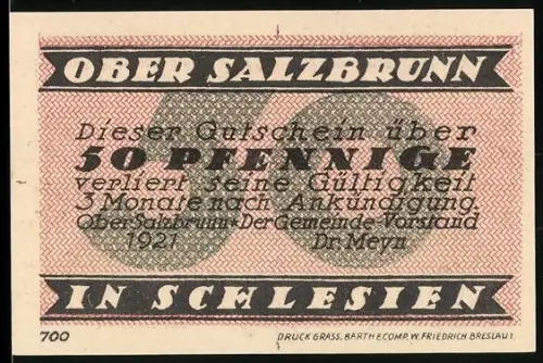 Notgeld Ober Salzbrunn 1921, 50 Pfennig, Jubiläum 700 Jahre mit Berglandschaft