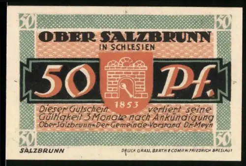Notgeld Ober Salzbrunn 1921, 50 Pf, 700-Jahr-Feier, Frau an Brunnen, Landschaft