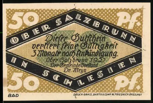 Notgeld Ober Salzbrunn i. Schlesien 1921, 50 Pf, Burgmotiv und 700-Jahr-Feier