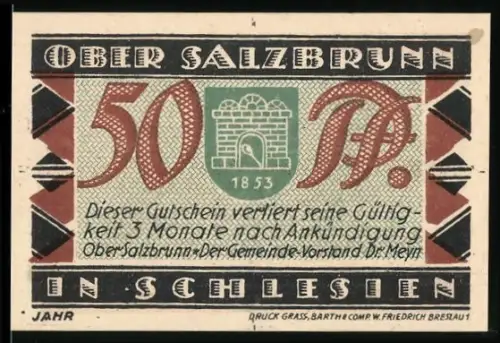 Notgeld Ober Salzbrunn, 50 Pf., Tor und Gebäude zum 700-jährigen Jubiläum