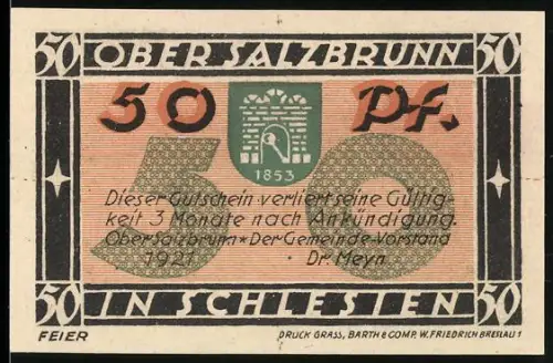 Notgeld Bad Salzbrunn 1921, 50 Pf, Wappen und Festung zur 700-Jahr-Feier in Schlesien