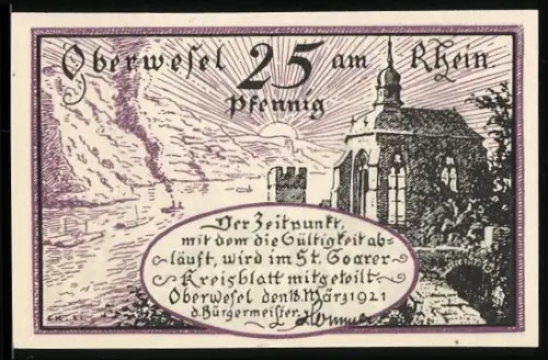 Notgeld Oberwesel a. Rh. 1921, 25 Pfennig, Burgruine mit Landschaft und Wappen