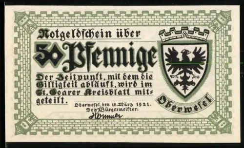Notgeld Oberwesel 1921, 50 Pfennig, Ortsansicht mit Burgen und Wappen