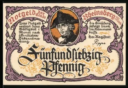 Notgeld Rheinsberg Mark, 75 Pfennig, Porträt Friedrich der Grosse und Säulenarchitektur mit Parkansicht