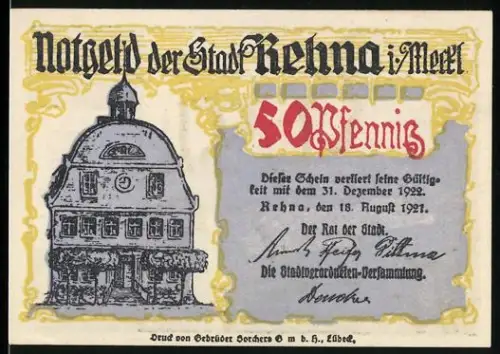 Notgeld Rehna 1921, 50 Pfennig, Rathaus und Schuster bei der Arbeit