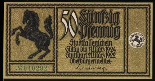 Notgeld Stuttgart 1922, 50 Pfennig, springendes Pferd und Kerkerwächterturm um 1700