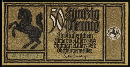 Notgeld Stuttgart 1922, 50 Pfennig, Pferd und Alte Redouten-Saal um 1830