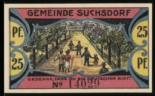Notgeld Suchsdorf 1921, 25 Pf, Spaziergänger auf Allee, Adler und Wappen mit Fahnen
