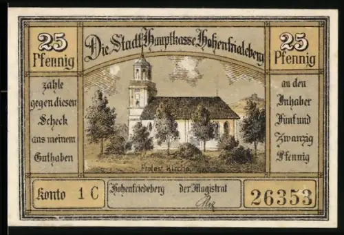 Notgeld Hohenfriedeberg, 25 Pfennig, Kirche und Ortsansicht