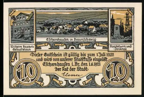 Notgeld Eschershausen i. Br. 1921, 10 Pfennig, Wilhelm Raabes Geburtshaus und Rangeturm mit Denkmal