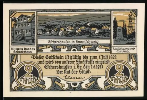 Notgeld Eschershausen i. Br. 1921, 2 Mark, Wilhelm Raabes Geburtshaus und Raabeturm-Denkmal