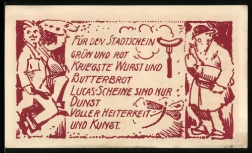 Notgeld Magdeburg, 75 Pfennig, Künstler-Verein St. Lucas, Kirche und humoristische Inschrift mit Figuren