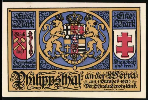 Notgeld Philippsthal a.d. Werra 1921, Eine Mark, Löwenwappen und Bergwerksdarstellung