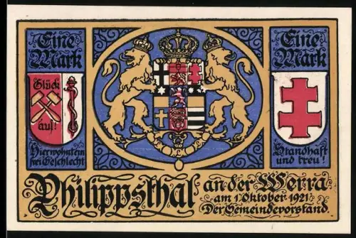 Notgeld Philippsthal a.d. Werra 1921, 1 Mark, Wappen mit Löwen, Kurhaus, Genessener und Sanitas-Figur