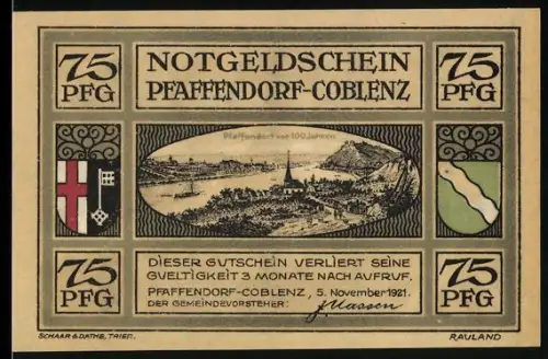 Notgeld Pfaffendorf-Coblenz 1921, 75 Pfg, Ortsansicht und Karte mit Händedruck, Wappen