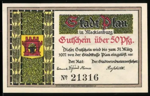 Notgeld Plau 1921, 50 Pfennig, Ortsansicht und Ruderboot-Szene mit Männern