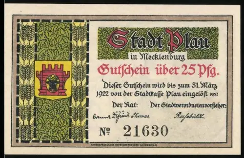 Notgeld Plau 1922, 25 Pfennig, Ritter mit Turm und Wappen, dekoratives Textfeld