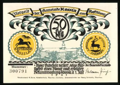 Notgeld Rossla a. Kyffhäuser 1921, 50 Pf, Ortsansicht und Märchenmotiv mit Raben und Sonnenaufgang