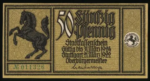 Notgeld Stuttgart 1922, 50 Pfennig, springendes Pferd und Stadtplan von 1640