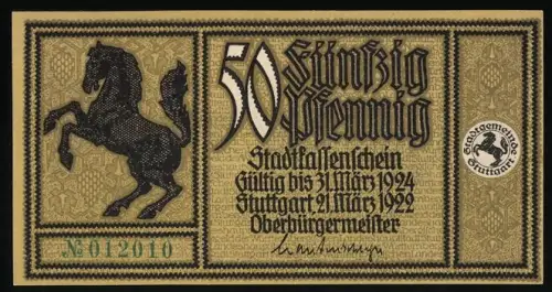 Notgeld Stuttgart 1922, 50 Pfennig, springendes Pferd und historischer Stadtblick