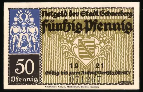 Notgeld Schneeberg 1921, 50 Pfennig, Wappen und Bergarbeiter mit Szenerie von Rosental
