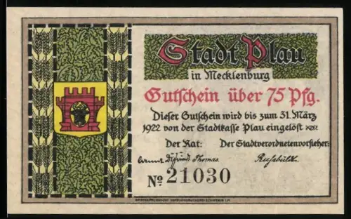 Notgeld Plau 1921, 75 Pfennig, Schmiedeszene und Stadtwappen