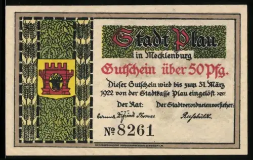 Notgeld Plau 1922, 50 Pfennig, Stadtwappen und Fischer im Boot auf See