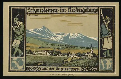 Notgeld Schmiedeberg i. R., 50 Pfennig, Landschaft mit Schneekoppe und Denkmal-Skulptur