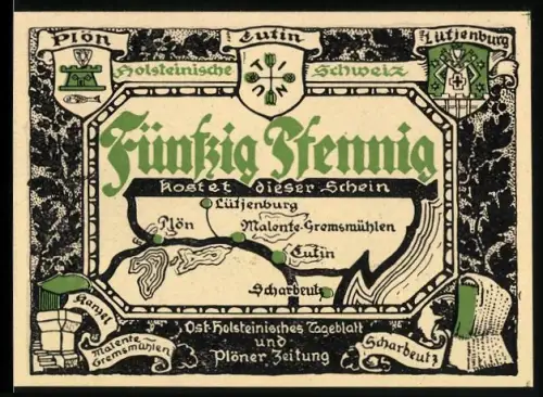 Notgeld Plön, 50 Pfennig, Karte der Holsteinischen Schweiz und Hessenstein-Szene