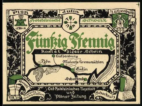 Notgeld Plön, 50 Pfennig, Karte und Uglei-See mit Ruderboot und Gedicht