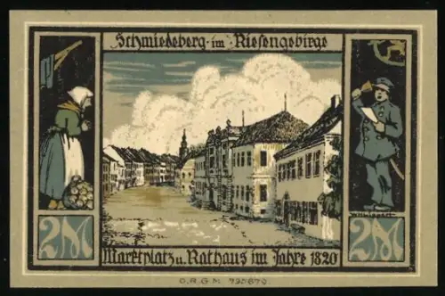 Notgeld Schmiedeberg i. R. 1920, 2 Mark, Marktplatz und Rathaus, Kriegerdenkmal