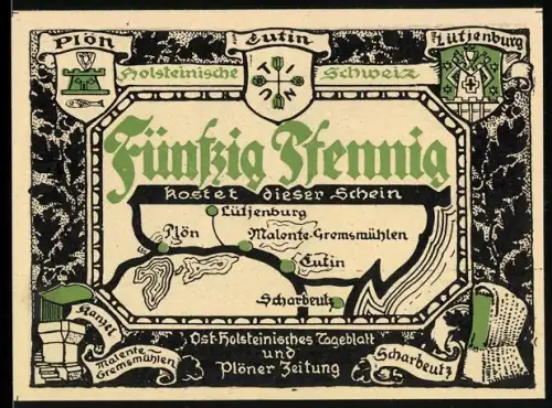 Notgeld Plön, 50 Pfennig, Karte der Region und Küstenlandschaft mit Segelboot