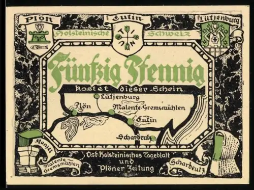 Notgeld Plön, 50 Pfennig, Landkarte und Tempel im Schlossgarten