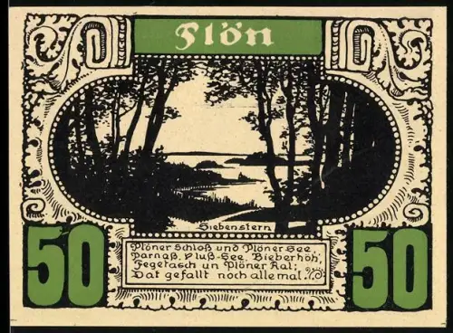 Notgeld Plön, 50 Pfennig, Waldlandschaft mit See und Karte der Holsteinischen Schweiz