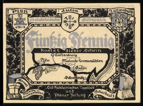 Notgeld Plön, 50 Pfennig, Landschaftsansicht und Landkarte mit Wappen und Ortsnamen