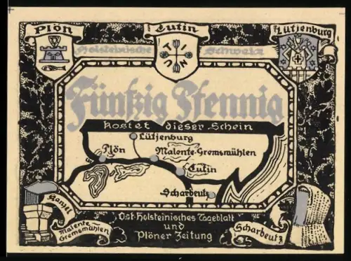 Notgeld Plön, 50 Pfennig, Landkarte und Tempel im Schlossgarten