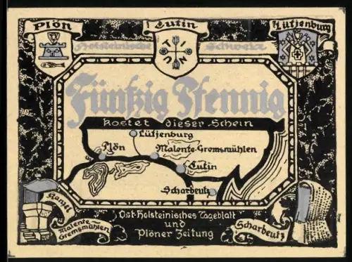 Notgeld Plön, 50 Pfennig, Karte der Region und Küstenlandschaft mit Segelboot und Gedicht