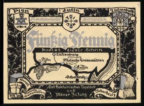 Notgeld Plön, 50 Pfennig, Karte und Landschaftsszene mit Hesperstein