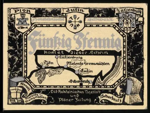 Notgeld Plön, 50 Pfennig, Karte und Uglei-See mit Boot auf dem Wasser