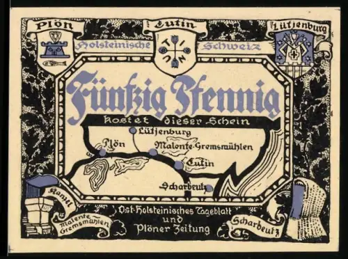 Notgeld Plön, 50 Pfennig, Karte der Holsteinischen Schweiz und Tempel im Schlossgarten